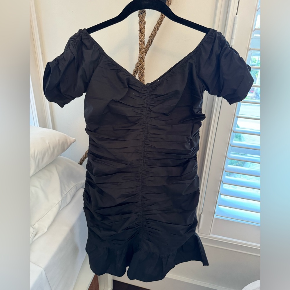 Black Ruched Off The Shoulder Dress with Ruffled bottom; Size: Medium